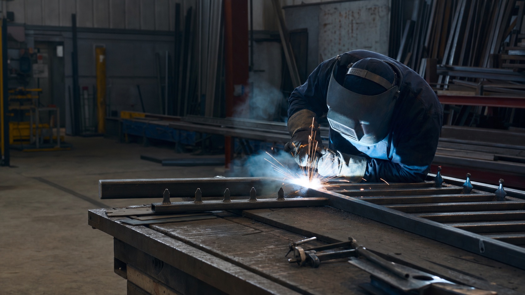 Welder fabricating architectural steelwork in a workshop